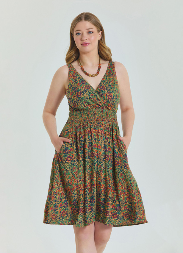 V Neck Robe Green Patterned Plus Size Dress 4586